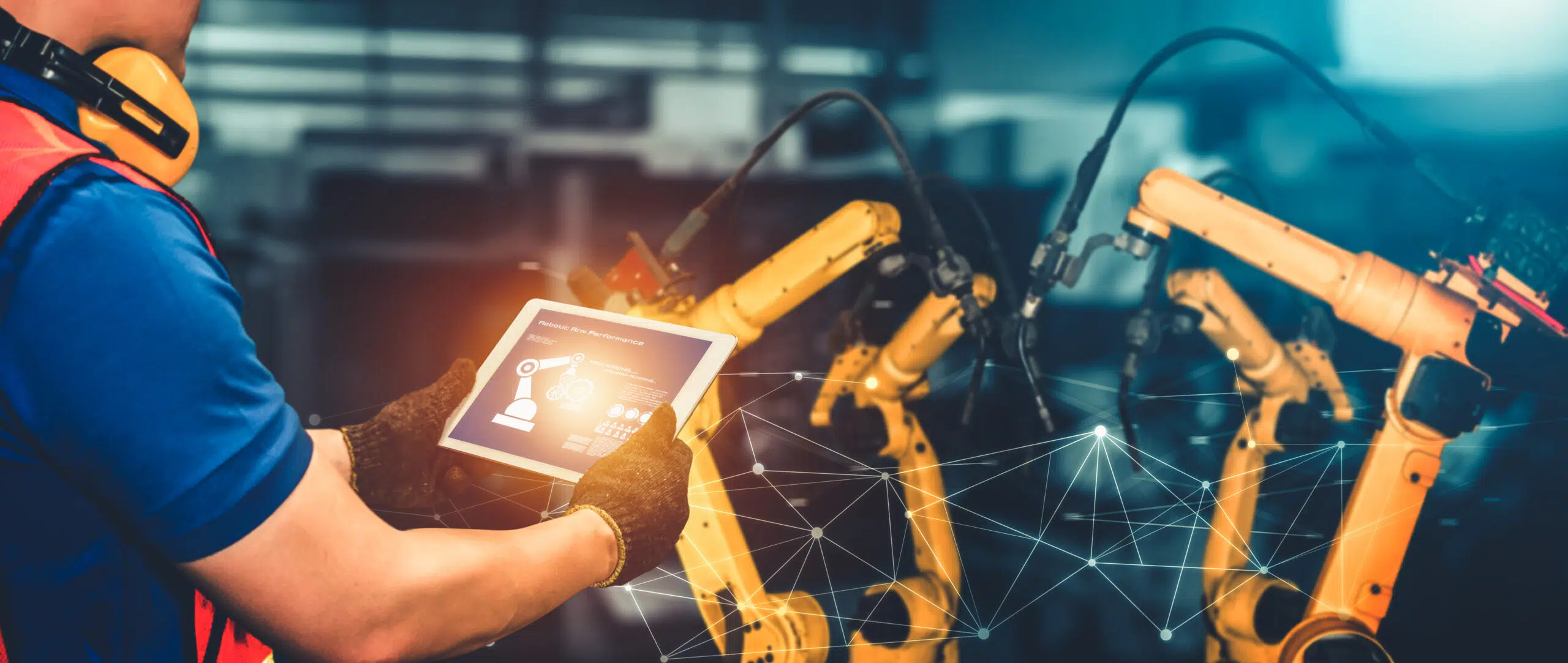 Smart,Industry,Robot,Arms,For,Digital,Factory,Production,Technology,Showing Smart industry robot arms for digital factory production technology showing automation manufacturing process of the Industry 4.0 or 4th industrial revolution and IOT software to control operation .