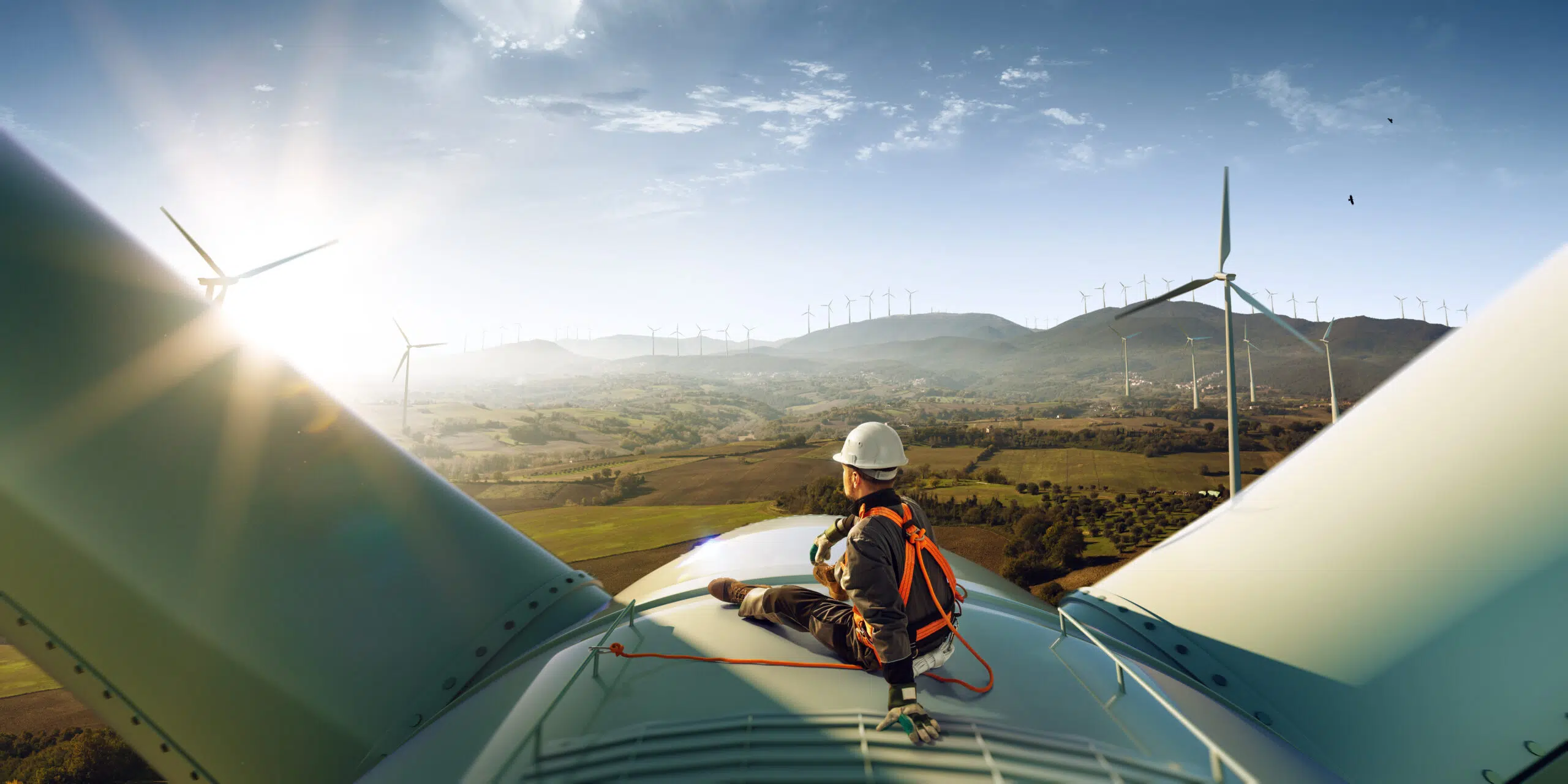 Energy worker watching sunset on wind turbine