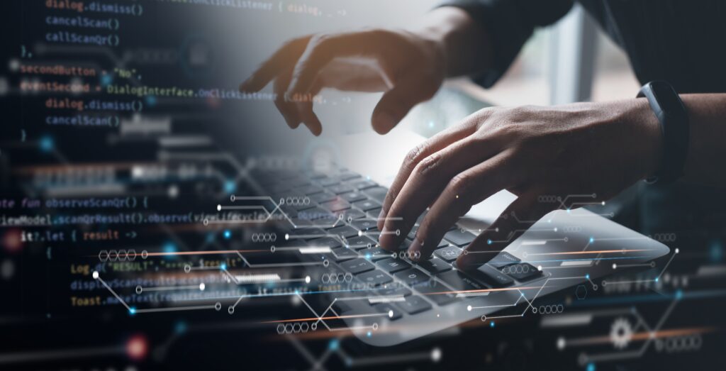 Person typing on futuristic laptop