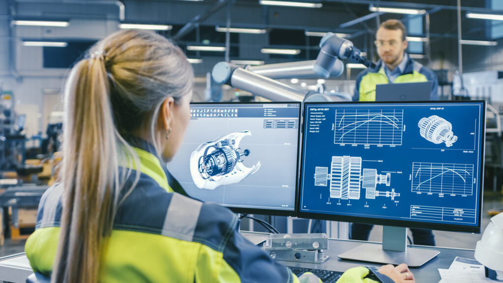 Female mechanical engineer working on a CAD model for mechanical engineering recruitment