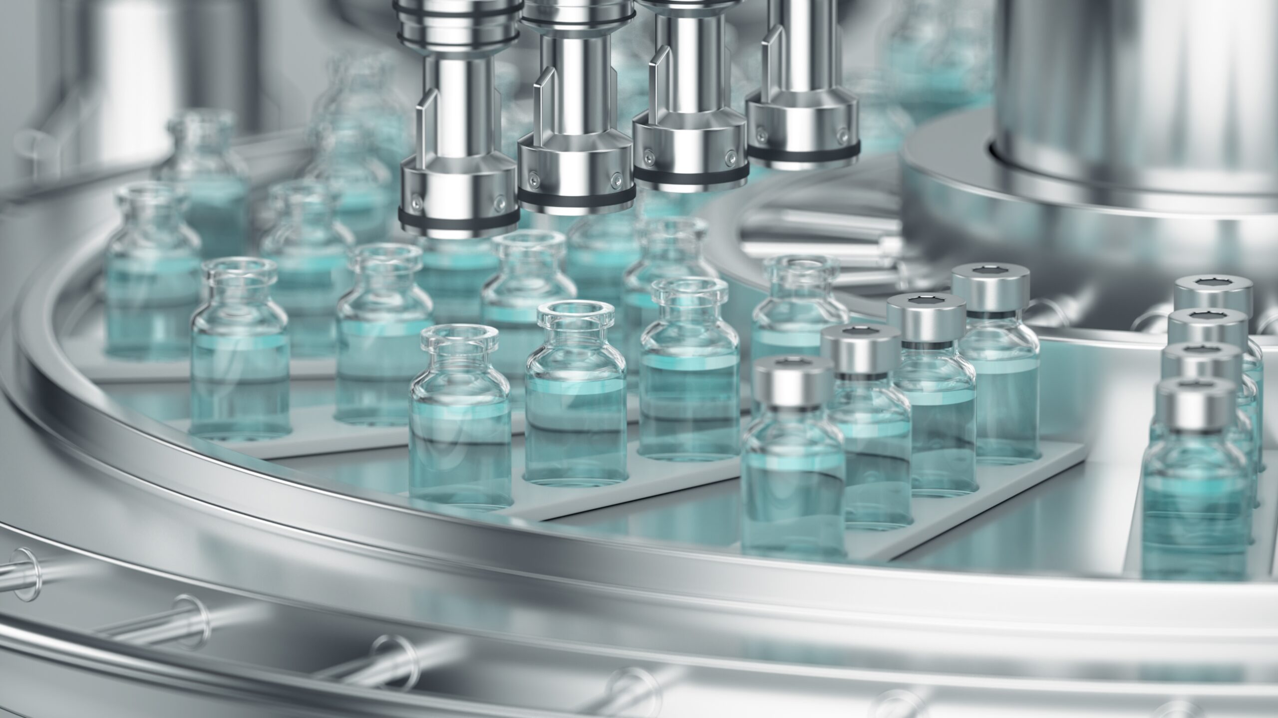 Image of a pharmaceutical machine filling small glass bottles