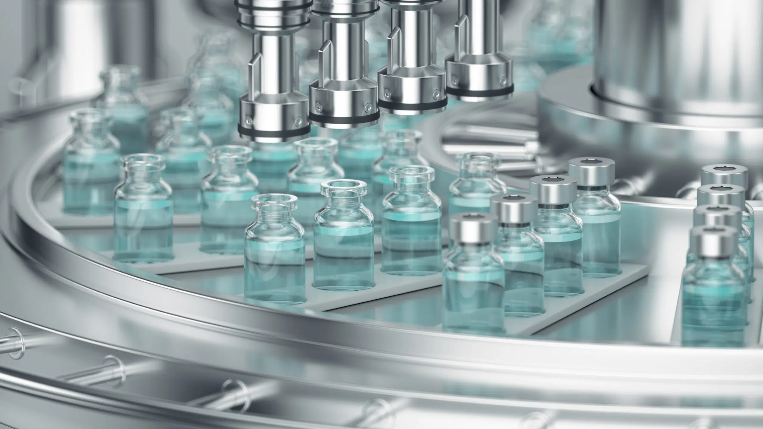 3d,Render.,Pharmaceutical,Manufacture,Background,With,Glass,Bottles,With,Clear Image of a pharmaceutical machine filling small glass bottles