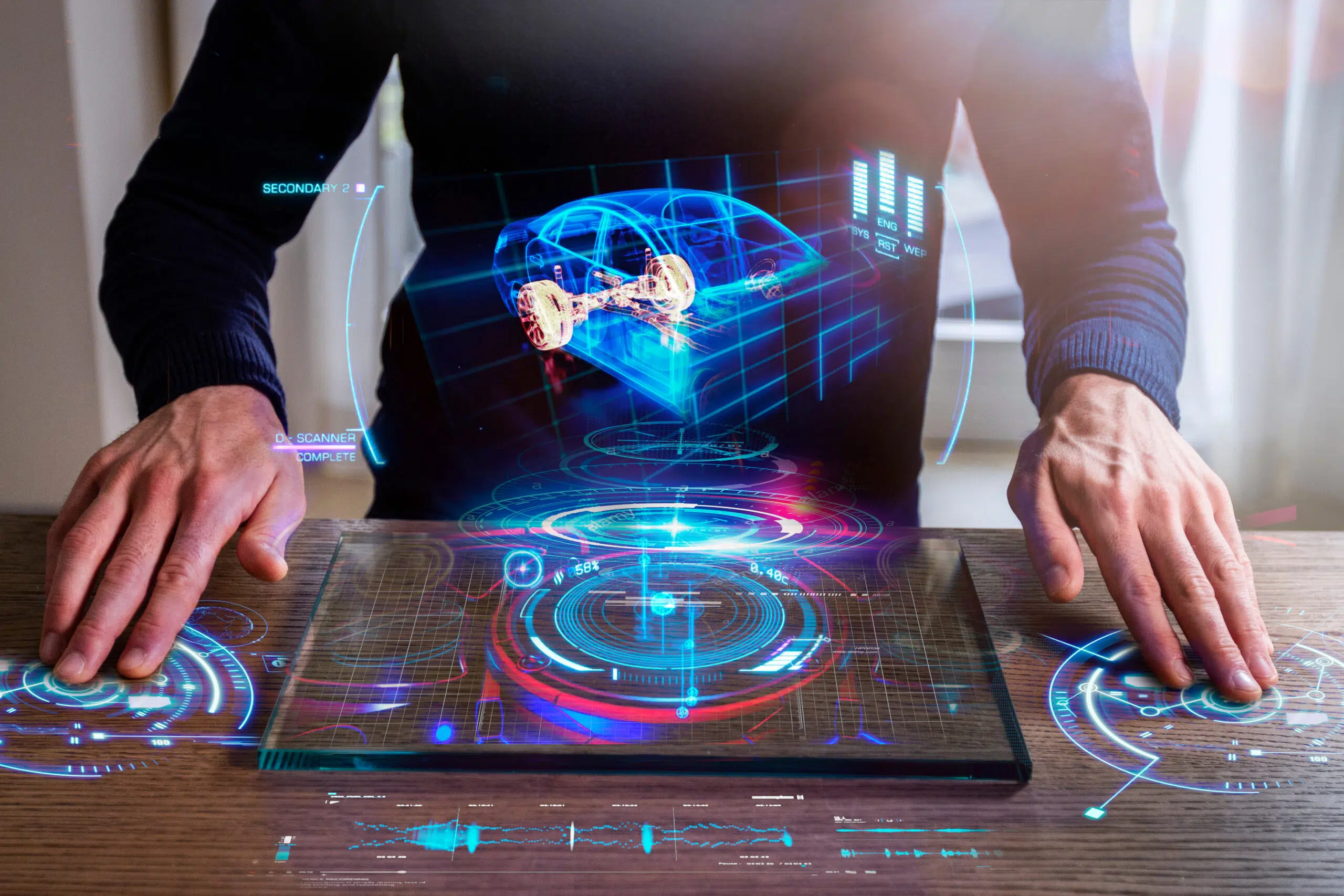 An,Engineer,Designs,An,Electric,Car,Using,Sophisticated,And,Futuristic Virtual Car design image for studio engineering