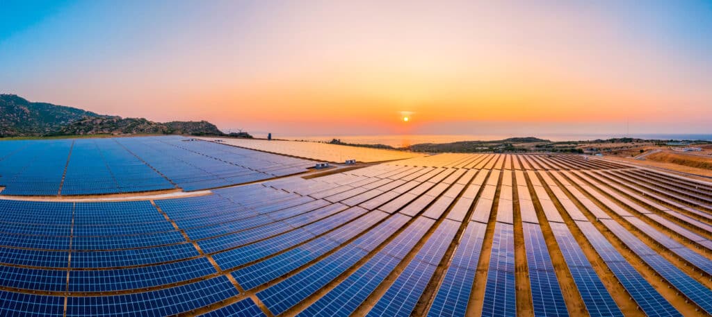 Solar panels at sunset