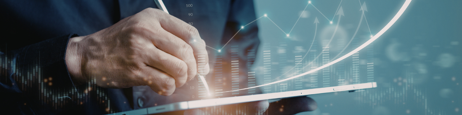 Person using a tablet with chart going upwards