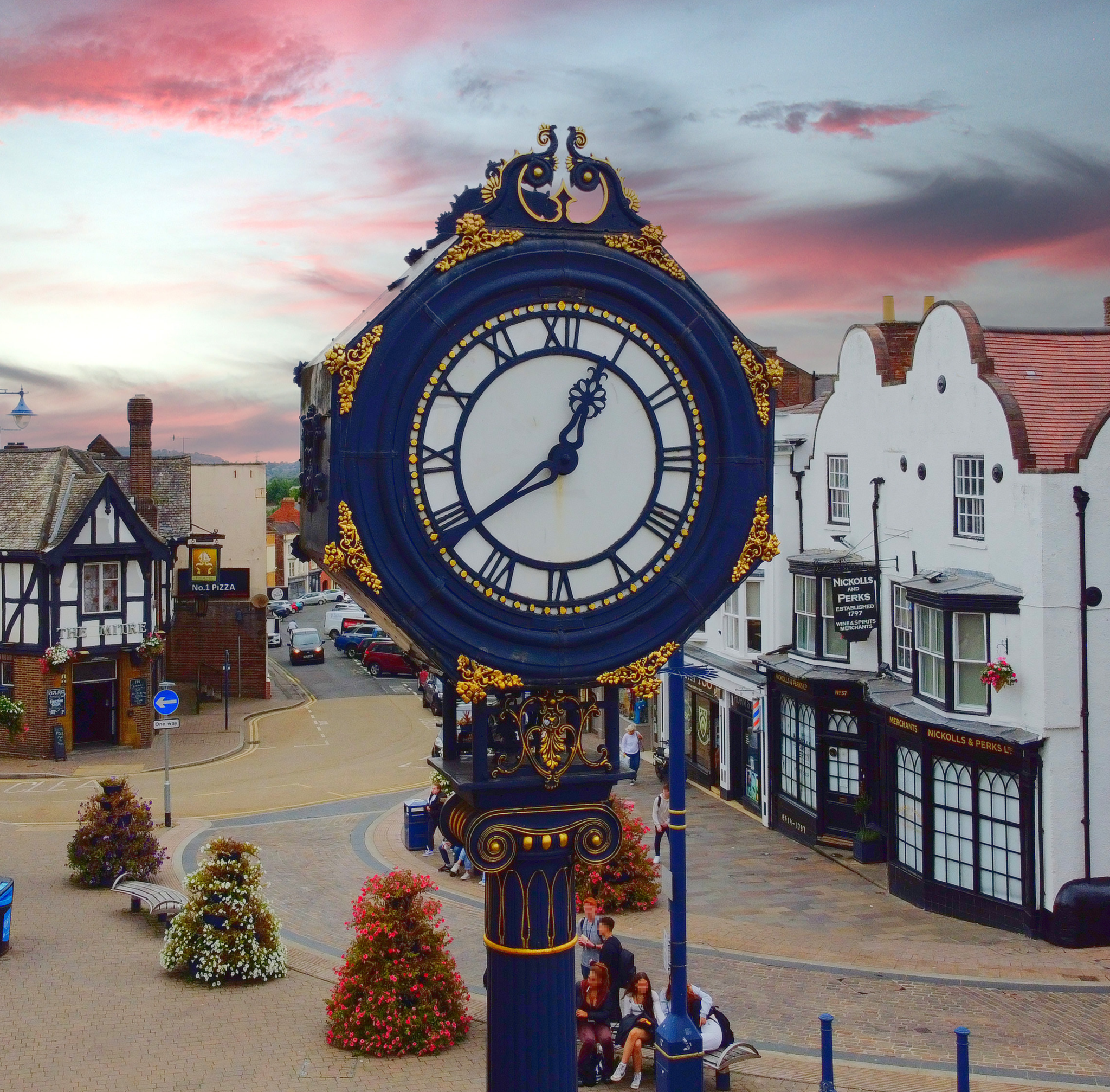 Stourbridge clock in Stourbridge town centre in sunset