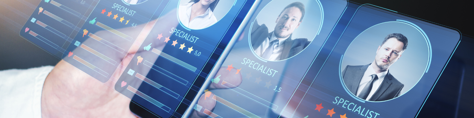 Person using a touch screen app to decide which person to hire