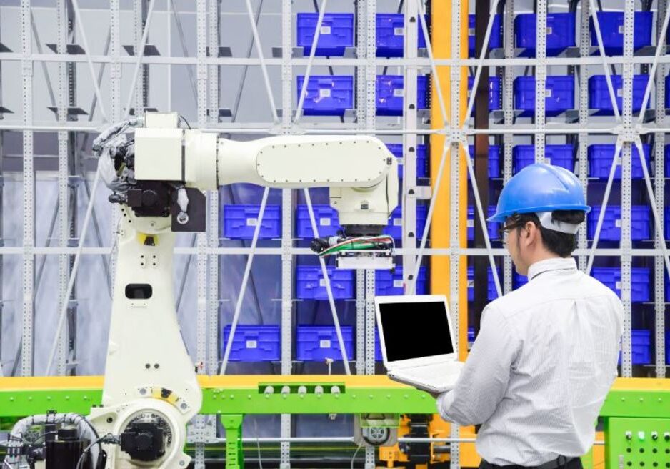 Image of a man holding a laptop and looking at a controls machine