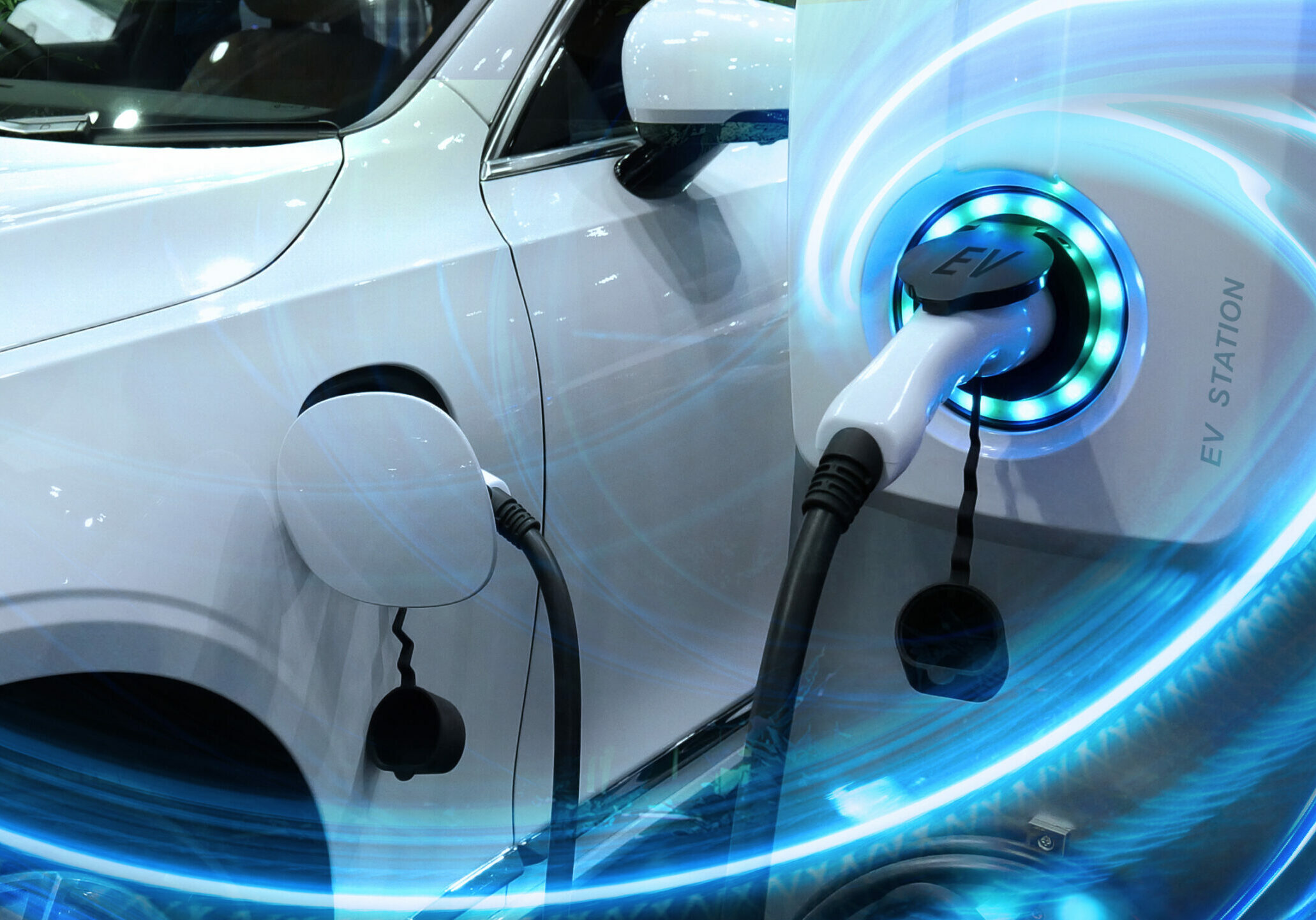 Ev,Car,Or,Electric,Vehicle,At,Charging,Station,With,The EV charging electric vehicles