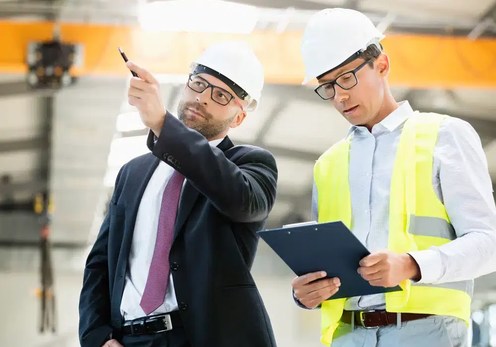 Image of two men with high vis and hard hat outside re what brexit means for interim talent